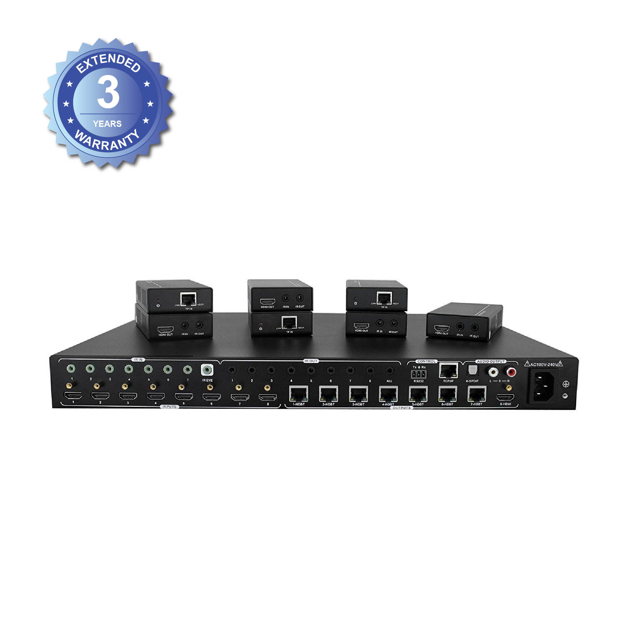 J-Tech Digital 4K@60HZ 8x8 HDBaseT Matrix with 7 Receivers (PoC), Supports 4Kx2K@60HZ 4:2:0, HDCP 2.2 IR, SPDIF, RCA, TCP/IP, RS232, EDID with Control 4 Driver Available