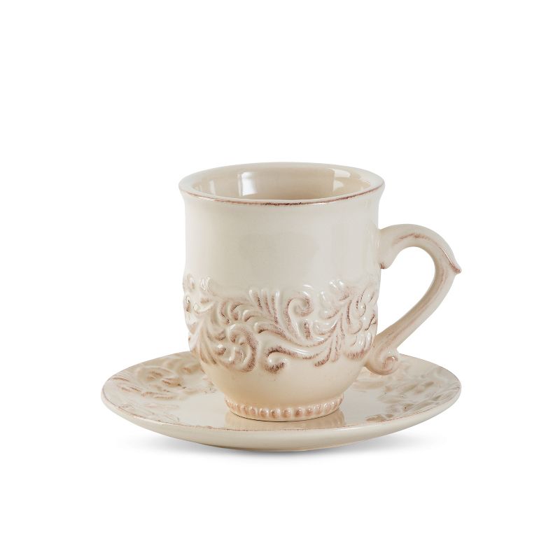 GG Collection Acanthus Leaf Embossed Cream Ceramic Cup and Saucer (Set of 4)