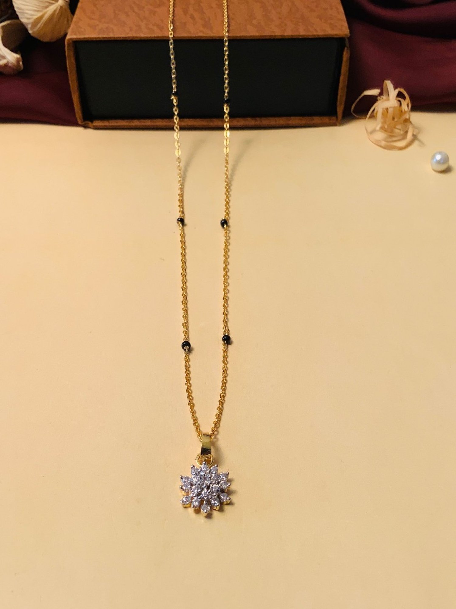 Abdesigns Gold-Plated American Diamond & Black Beaded Mangalsutra