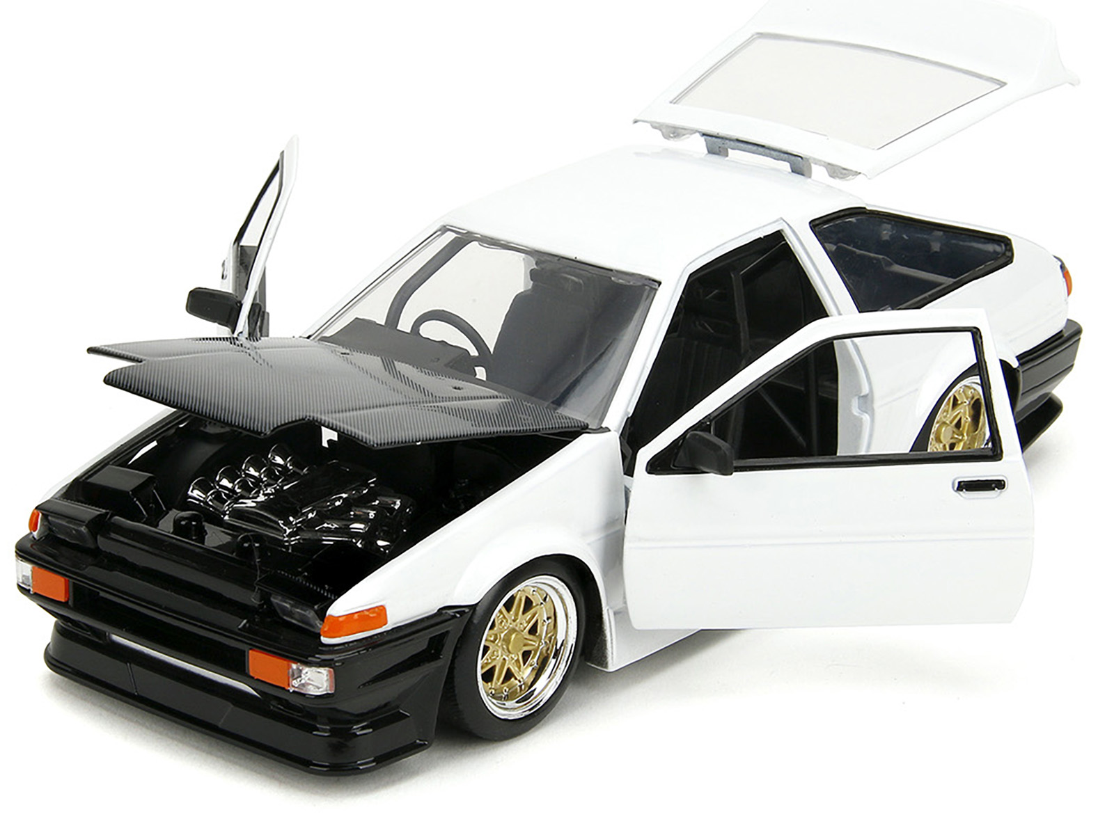 1986 Toyota Trueno (AE86) RHD (Right Hand Drive) White with Black Hood "JDM Tuners" Series 1/24 Diecast Model Car by Jada