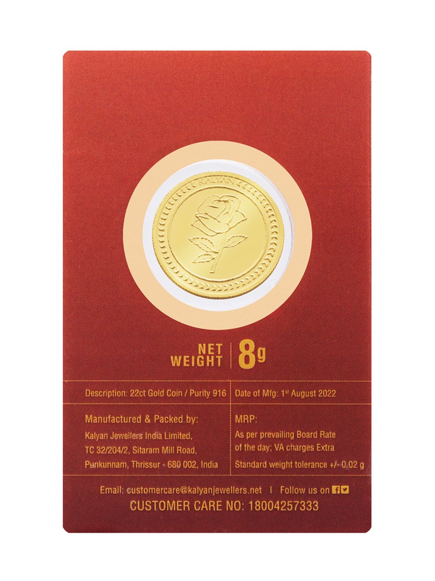 Kalyan Jewellers Rose 22k (916) 8gm BIS Hallmarked Gold Coin