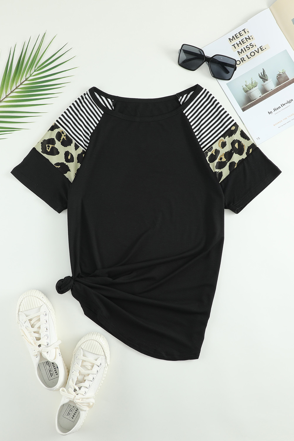 Blank T Shirt - Black Stripes and Leopard Print Short Sleeve Summer Top Customized