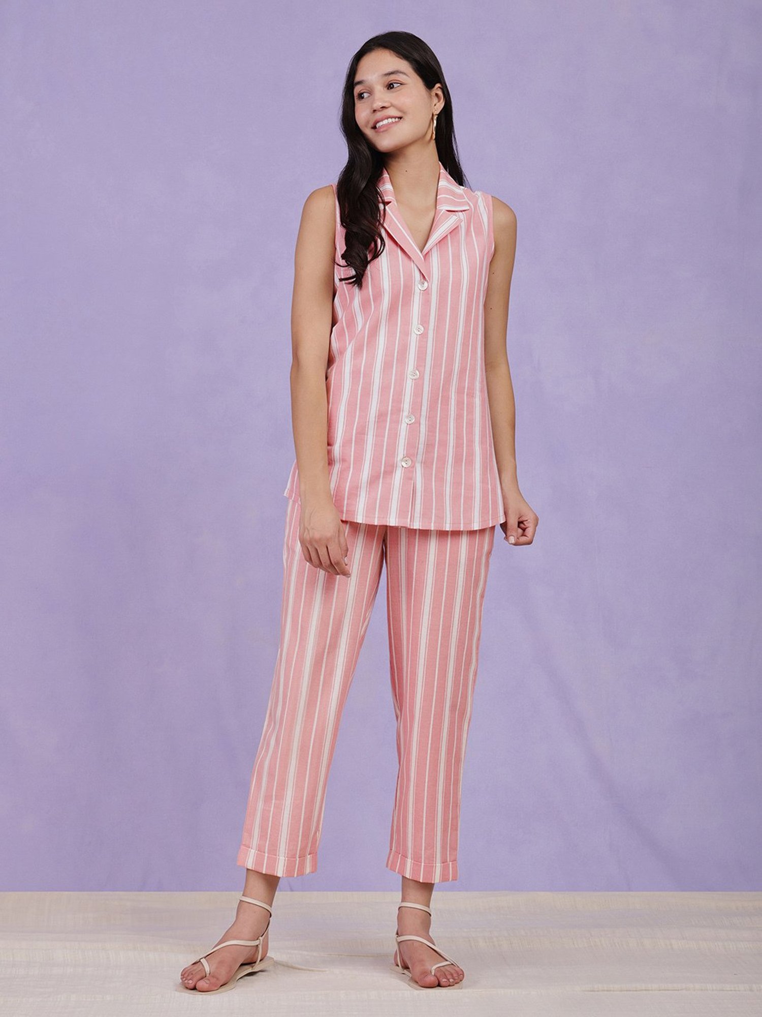 Pink Fort Pink Cotton Striped Co-Ord Set