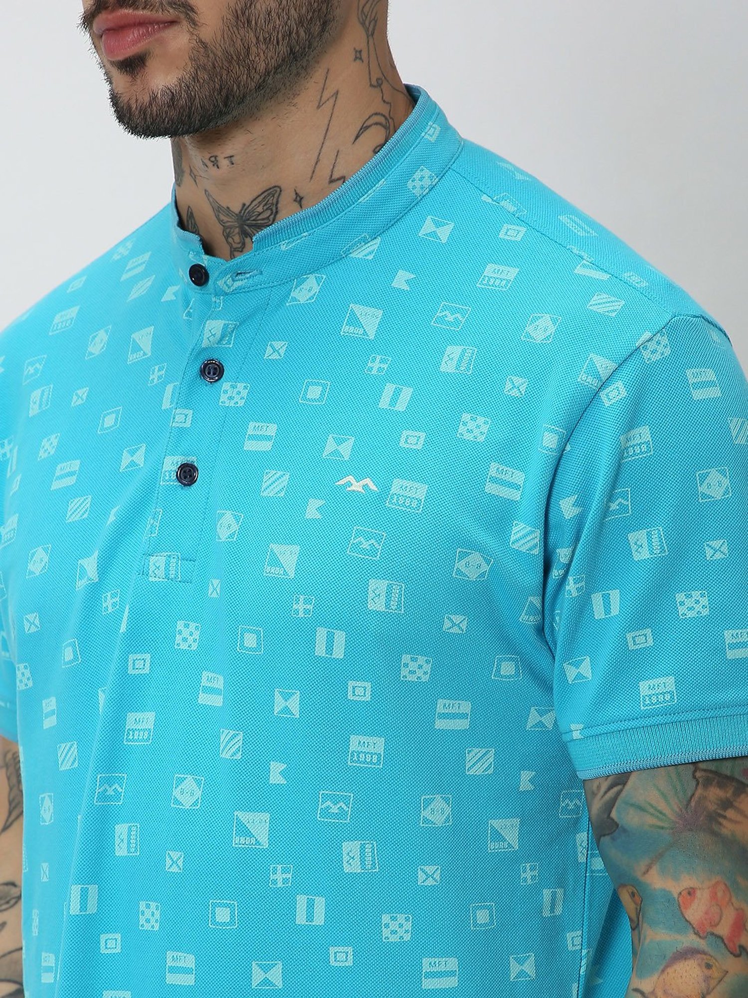 Mufti Light Blue Slim Fit Printed Mandarin Collar Cotton T-Shirt