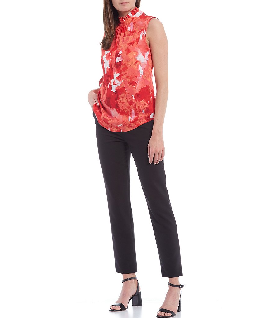 Donna Karan New York Sleeveless Picot Trim Printed Georgette Ruffle Collar Shell