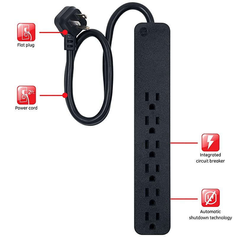 Pro 6 Outlet Sur Protector 2 ft Extension Cord Power Strip Flat Plug Wall Mount Black 45170