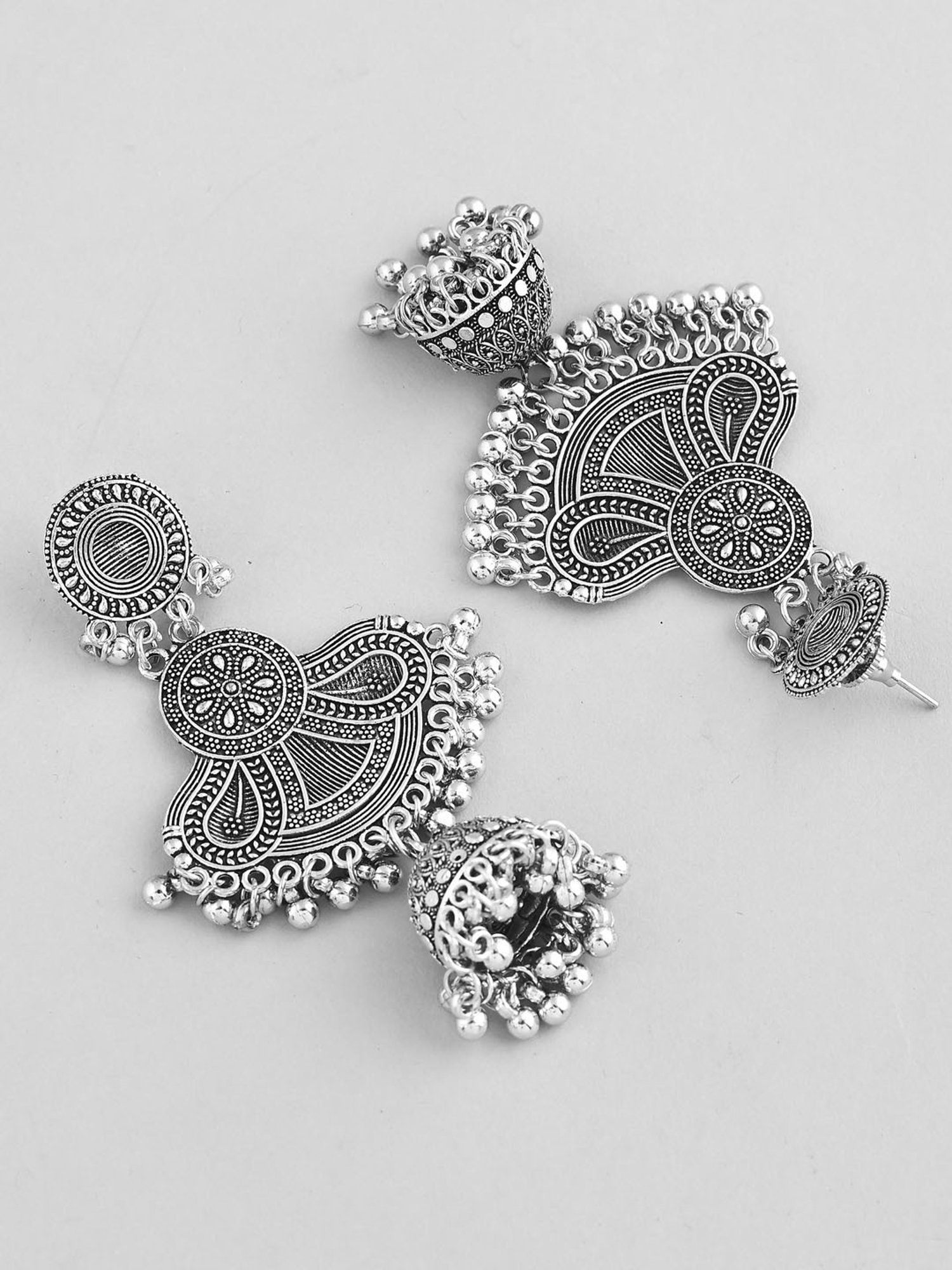 VOJ Silver Plated Oxidized Contemporary Jhumka Earrings for Women