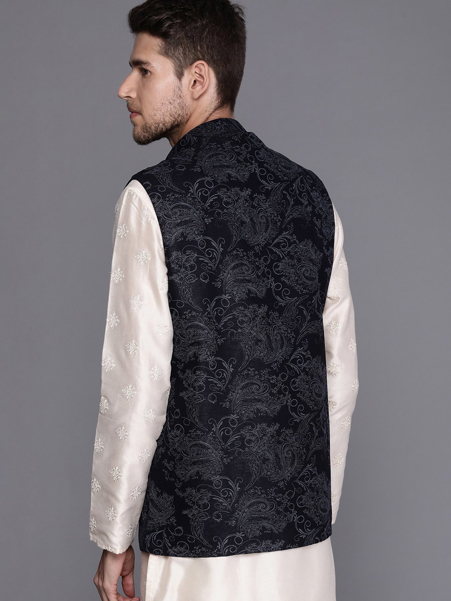 Manyavar Dark Blue Regular Fit Self Design Nehru Jacket