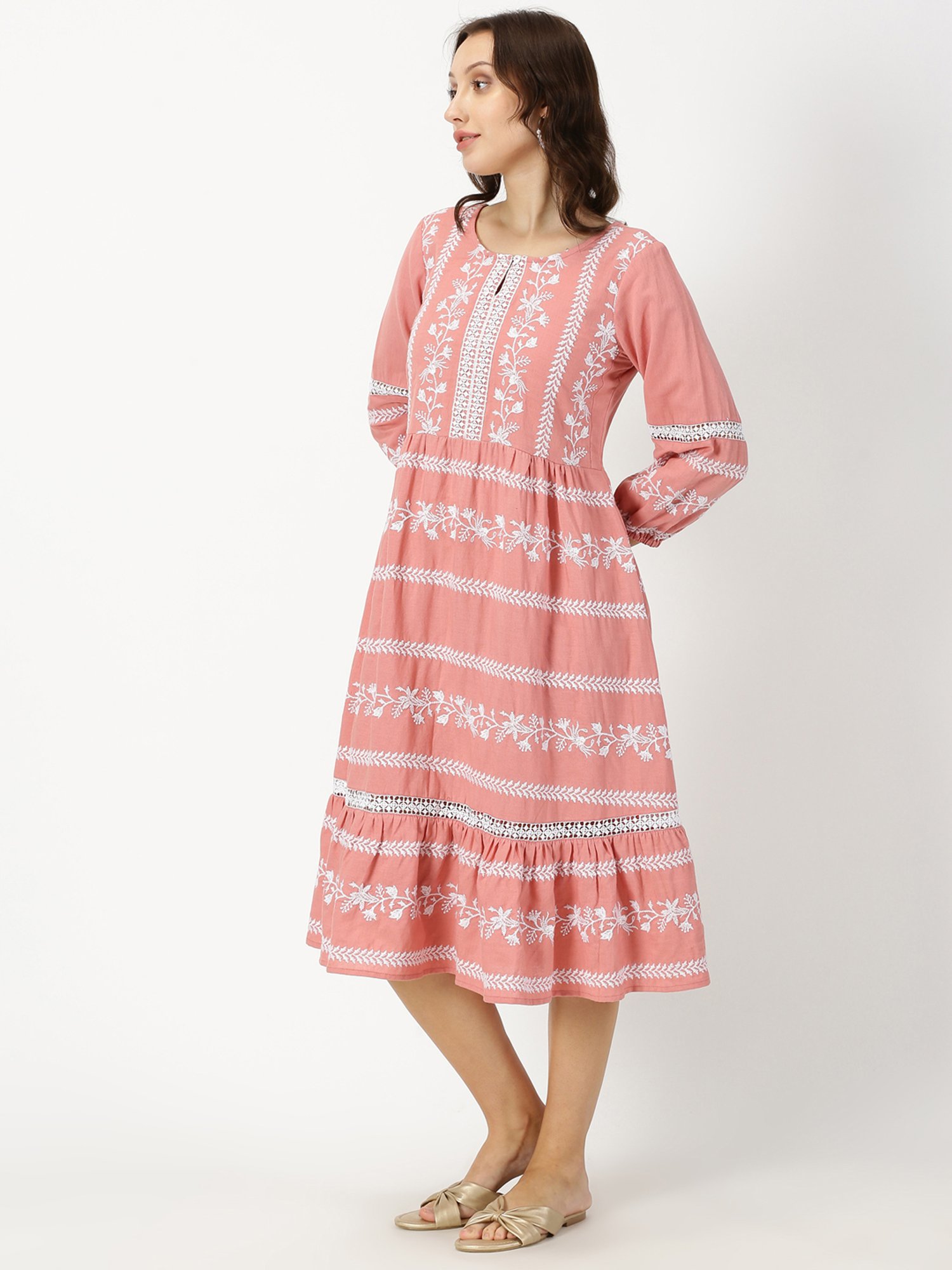 Saffron Threads Peach Cotton Embroidered Ethnic Dress