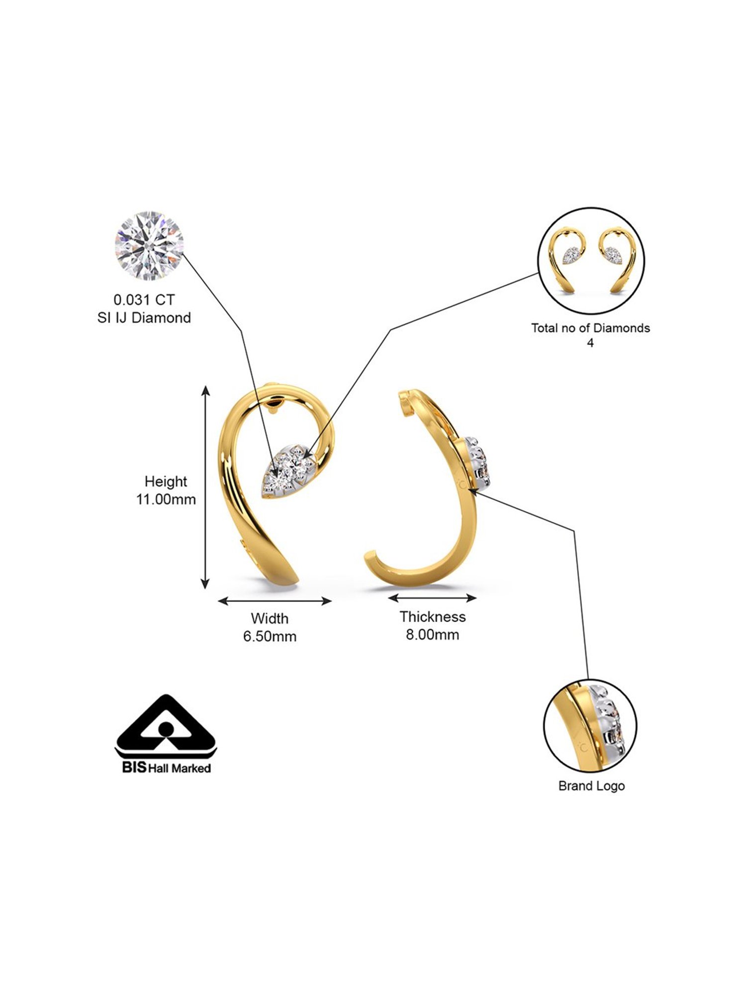 Candere by Kalyan Jewellers Stylish 18K Yellow Gold and Diamond Stud Earrings