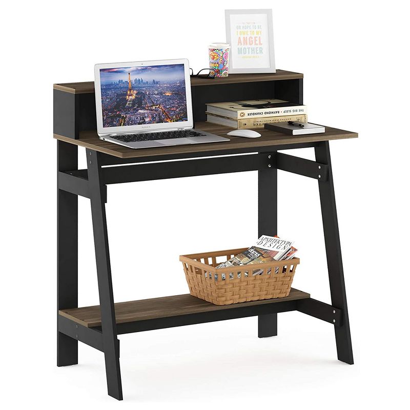 Furinno Simplistic Rectangle A Frame Industrial Freestanding Home Office Computer Desk with Raised Shelf and Bottom Storage, Columbia Walnut