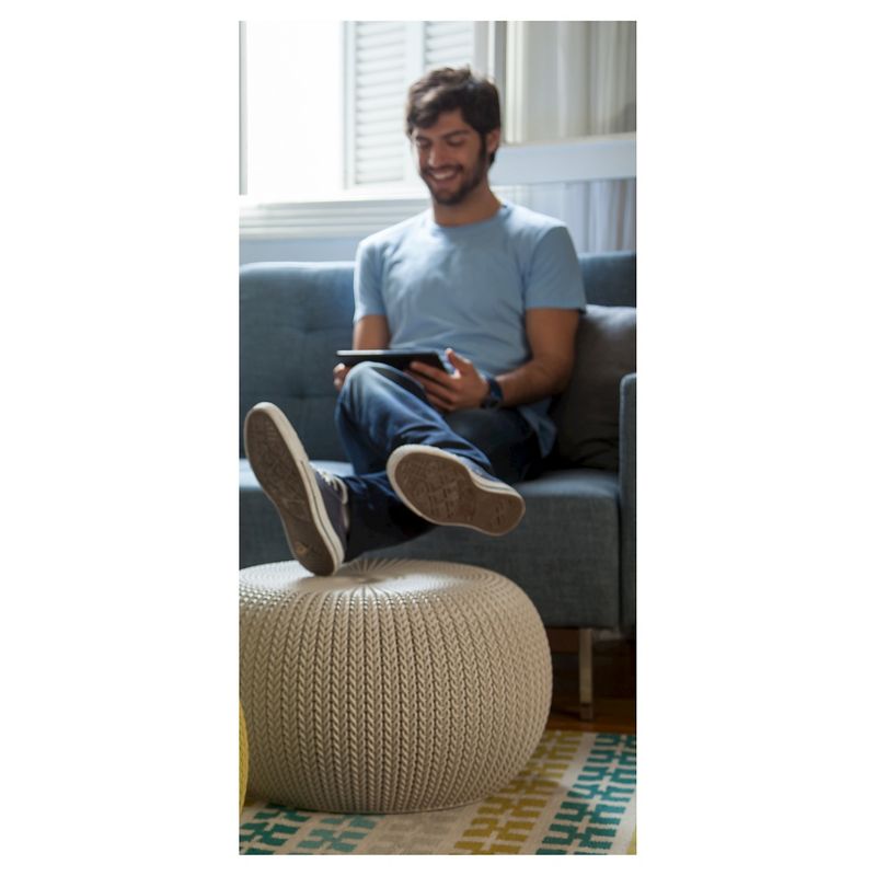 Urban Cozy Knit Outdoor Poufs and Table Balcony 3 Pc Set - Taupe/Blue - Keter