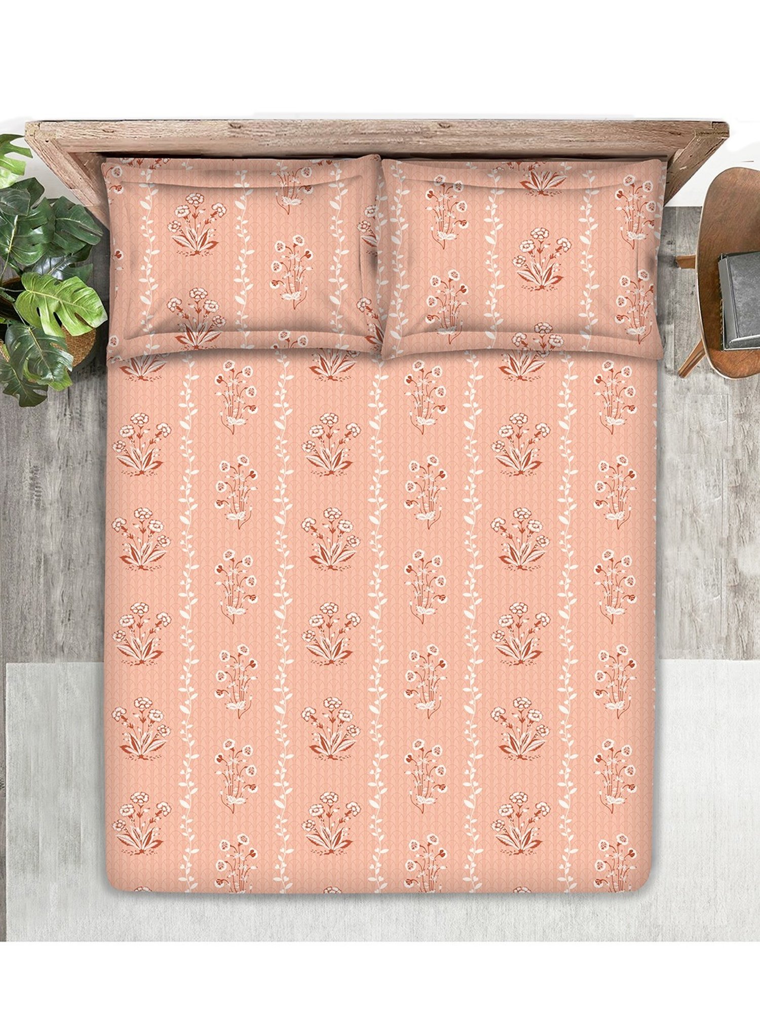 Boutique Living Magnifique  Floral Orange 200 TC Cotton King Bed Sheet with 2 Pillow Covers