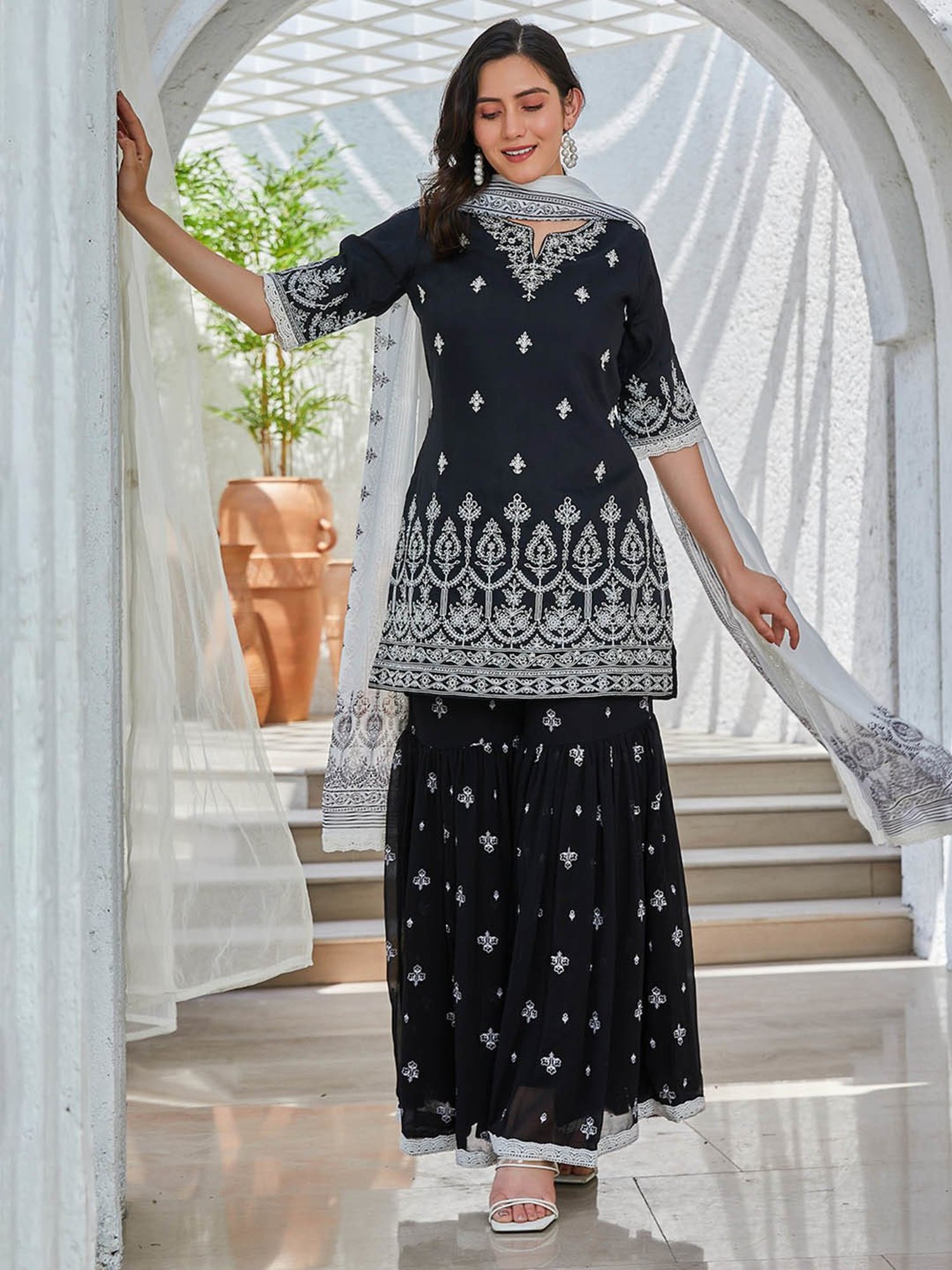 Biba Black Embroidered Kurta With Garara & Dupatta