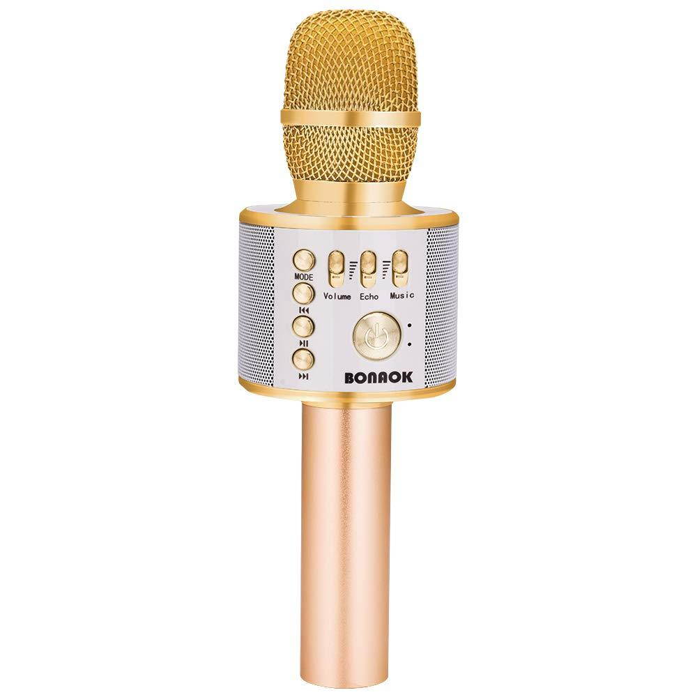 BONAOK Wireless Bluetooth Karaoke Microphone,3-in-1 Portable Handheld karaoke Mic Easter Gift Home Party Birthday Speaker Machine for iPhone/Android/iPad/Sony, PC and All Smartphone(Gold)