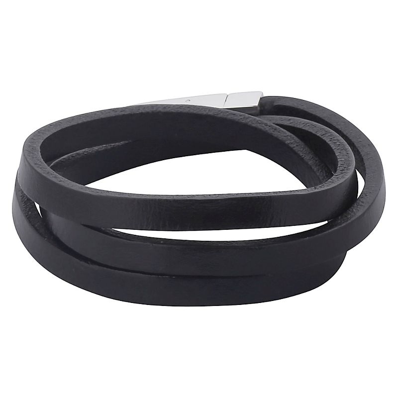 Men's Crucible Stainless Steel Black Leather Wrap Bracelet