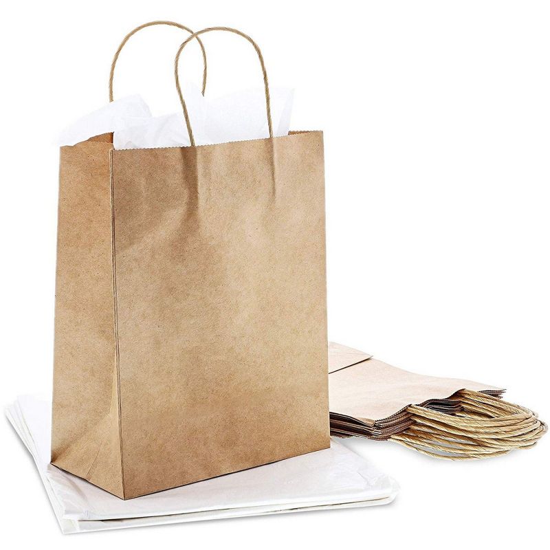 Genie Crafts 60-Pack White Tissue Paper with 12 Medium Kraft Gift Bags with Handles, 10.5 x 8 x 4 in