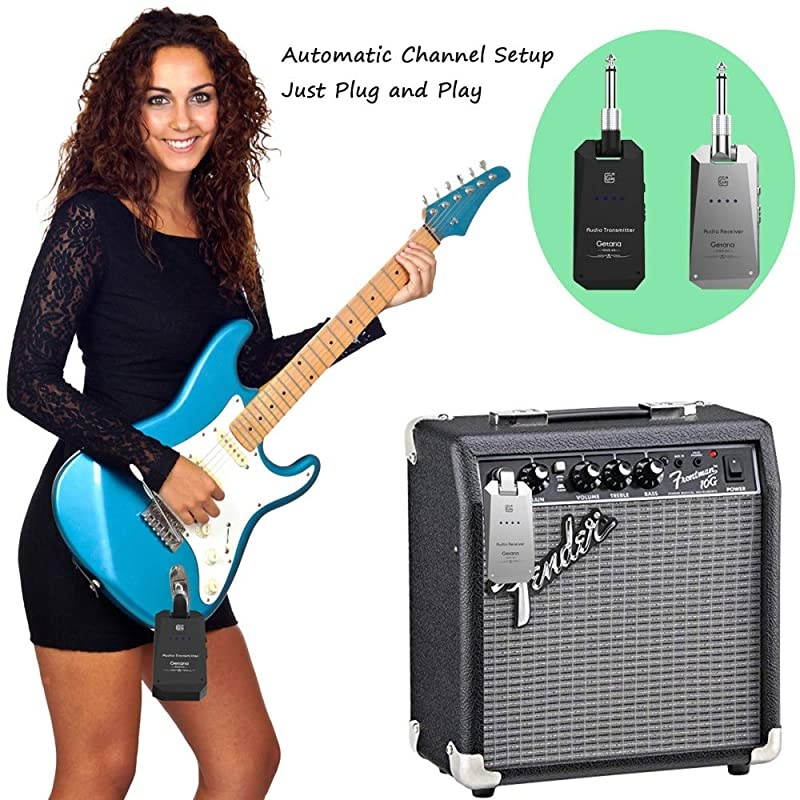 Wireless Guitar Transmitter Receiver Set 5.8GH Wireless Guitar System 4 Channels for Electric Guitar Bass (Silver/Black)