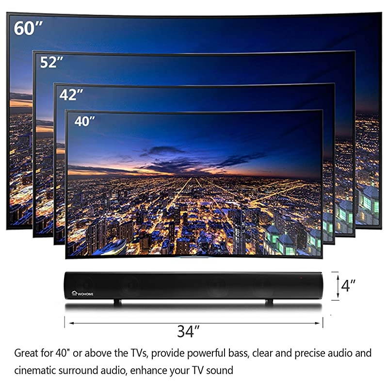 Soundbar  TV Sound Bar with Builtin Subwoofers and Bluetooth3Inch Drivers Remote Control Wall Mountable Support Optical AUX Coaxial USB 60W 34Inch Model S10