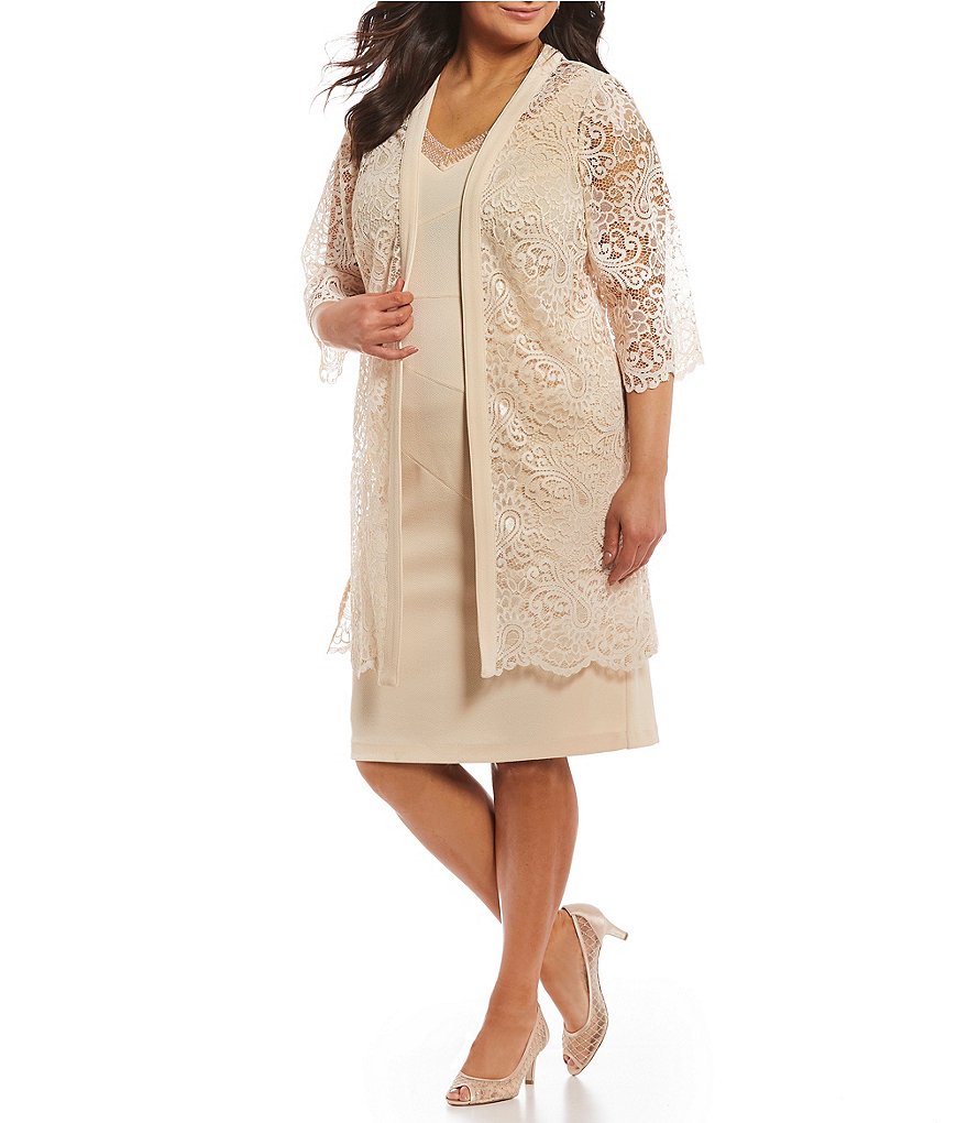 Le Bos Plus Size V-Neck 3/4 Sleeve 2-Piece Lace Jacket Dress
