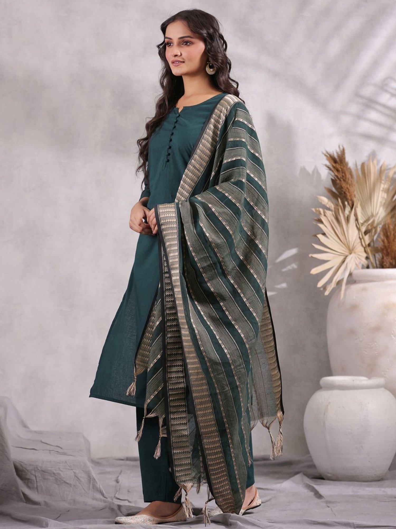 Anubhutee Green Cotton Kurta Pant Set With Dupatta