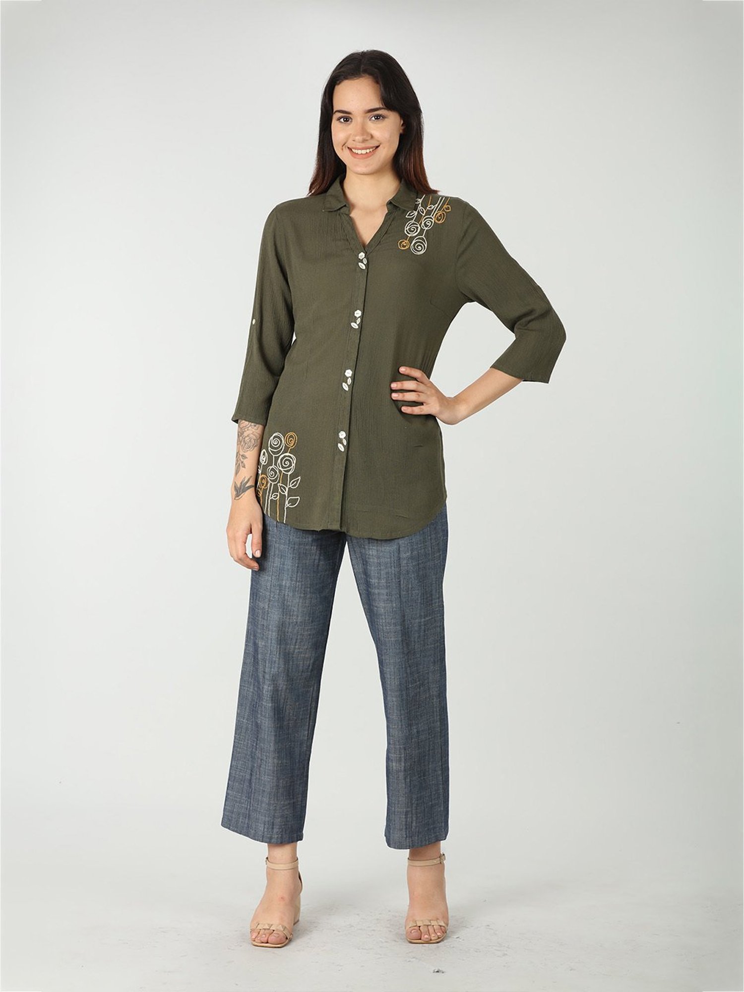 Mustard Olive Embroidered Shirt