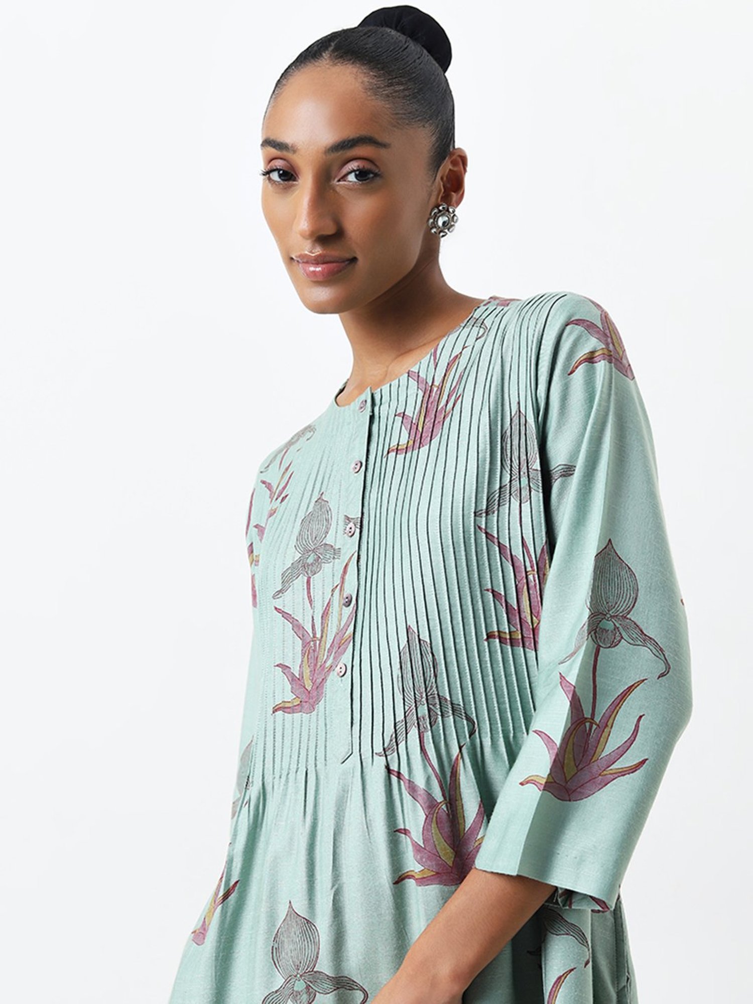 Zuba by Westside Mint Floral Printed A-Line Kurta