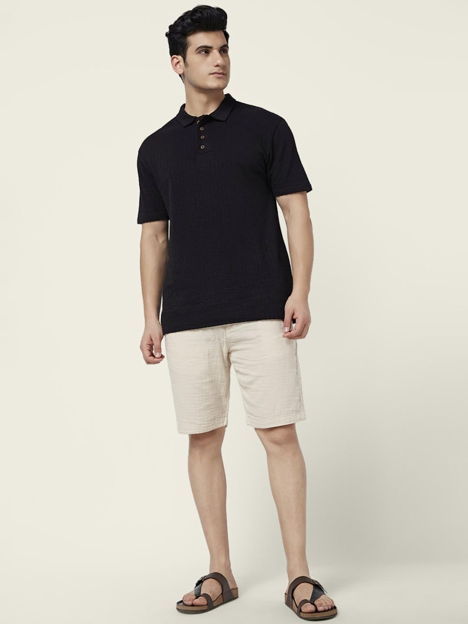 7 Alt By Pantaloons Off White Cotton Slim Fit Texture Shorts