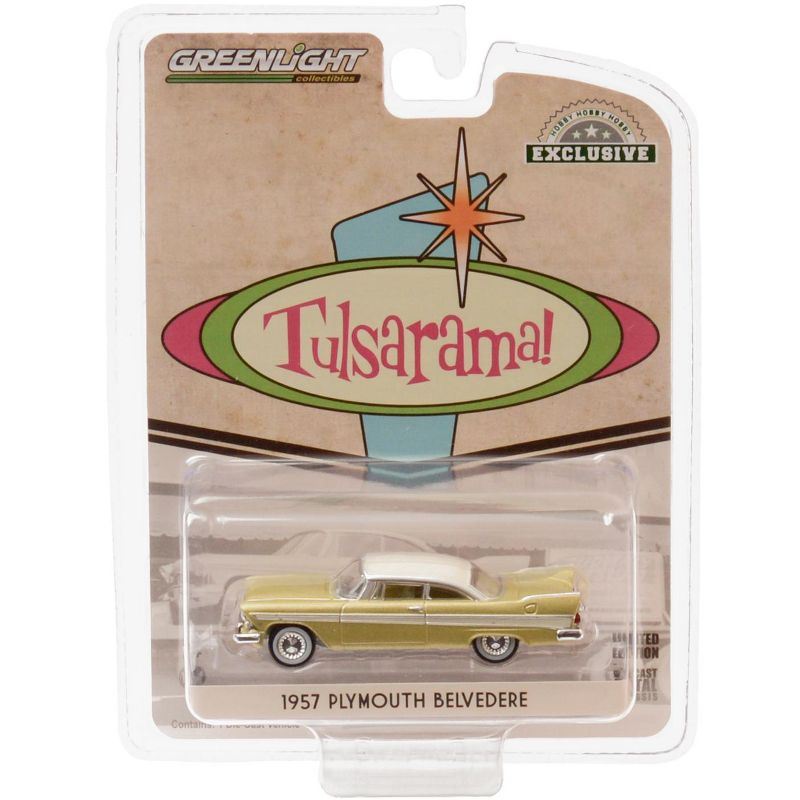 1957 Plymouth Belvedere Desert Gold with Sand Dune White Top Tulsa, Oklahoma "Tulsarama" Underground Vault (1957) 1/64 Diecast Model Car by Greenlight