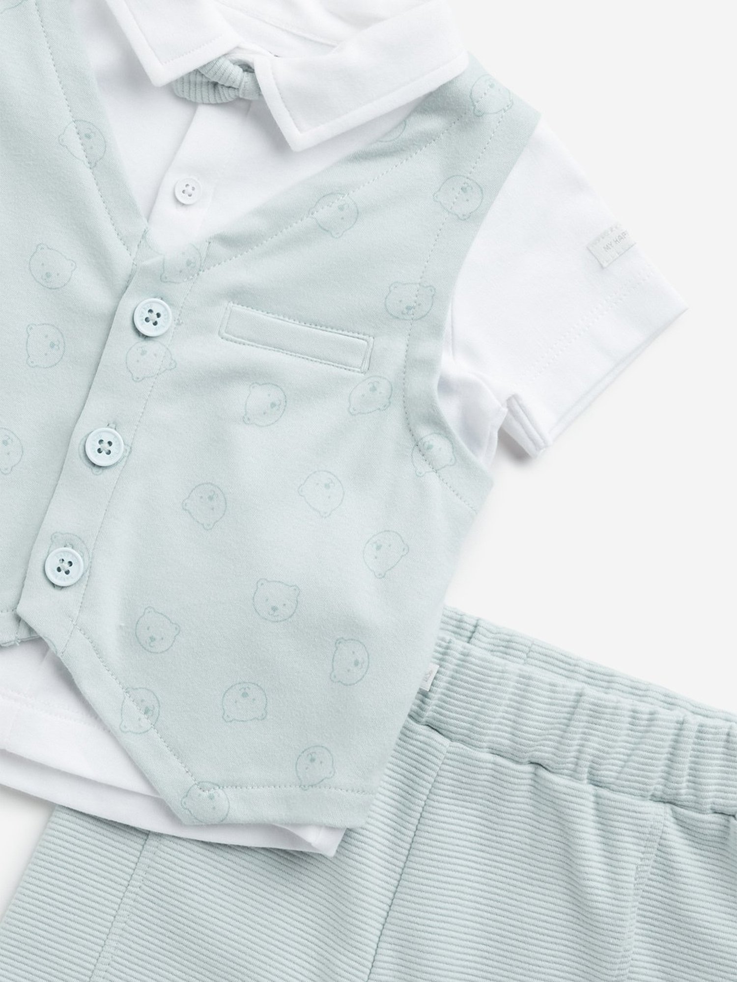 HOP Baby by Westside Teal Printed Cotton Waistcoat, Shirt, Shorts & Bow