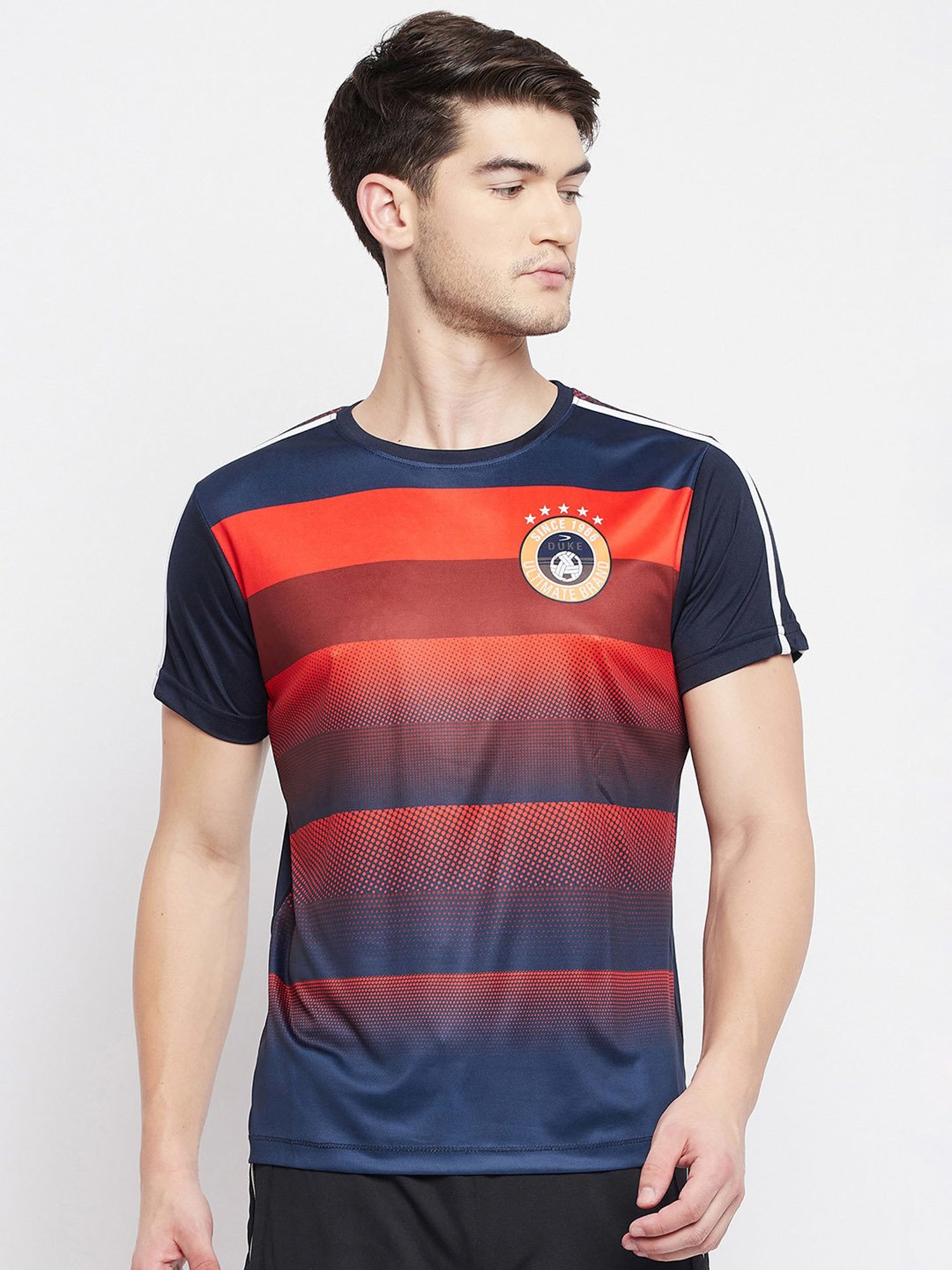 Duke Navy Slim Fit Printed Round Neck Sports T-Shirt