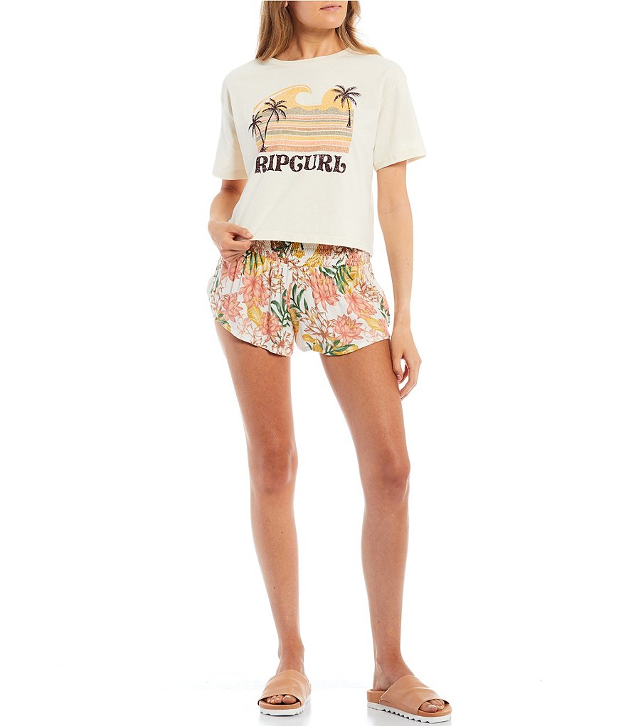 Rip Curl Mid-Rise Smocked-Waist La Bonita Floral Print Beach Shorts