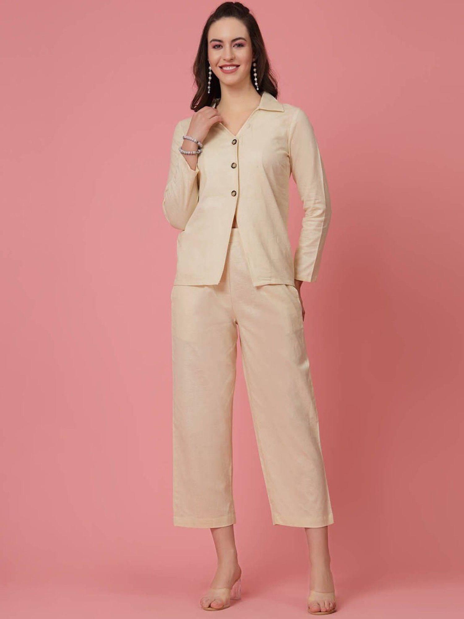 Melon by PlusS Beige Cotton Shirt With Trousers
