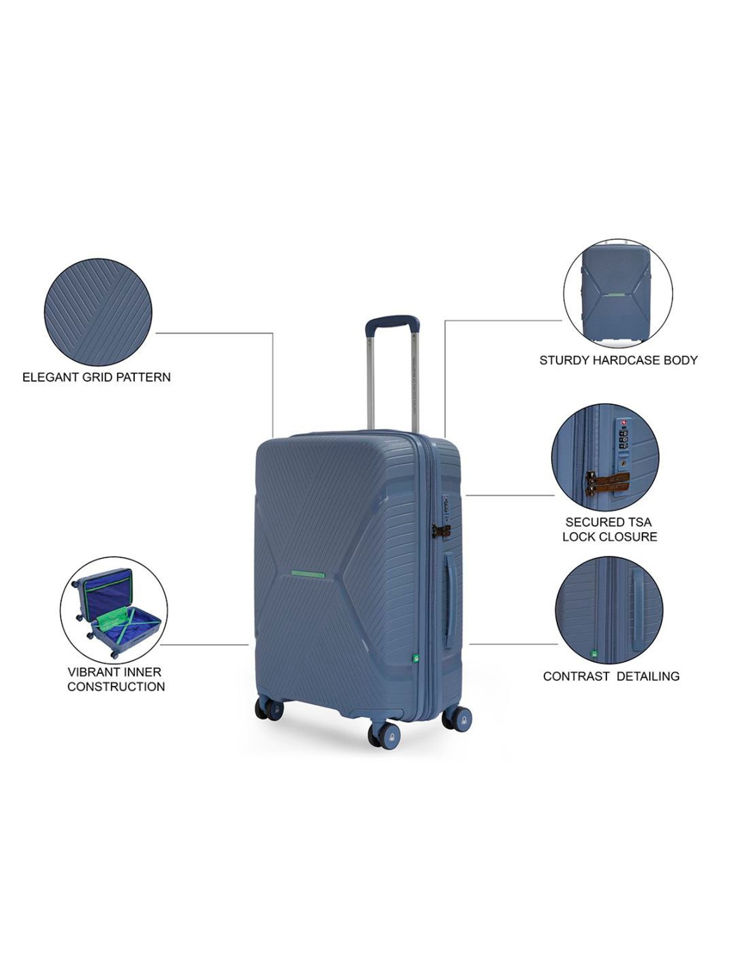 United Colors of Benetton Galaxy Blue Textured Hard Cabin Trolley Bag - 55 Cm