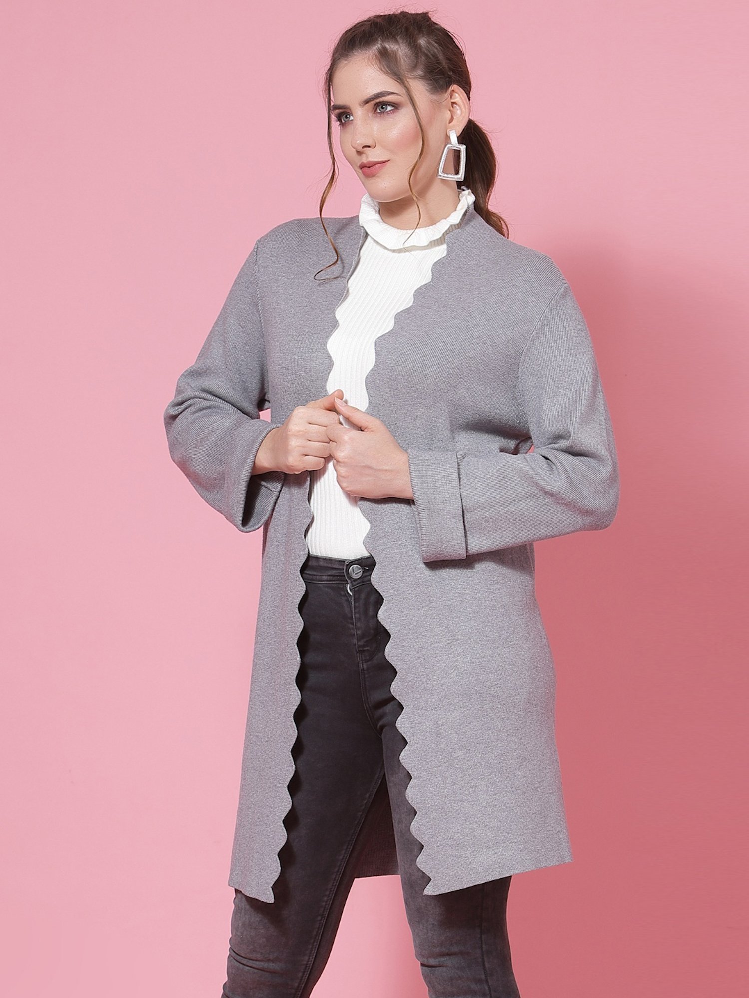 Mafadeny Grey Shawl Neck Shrug