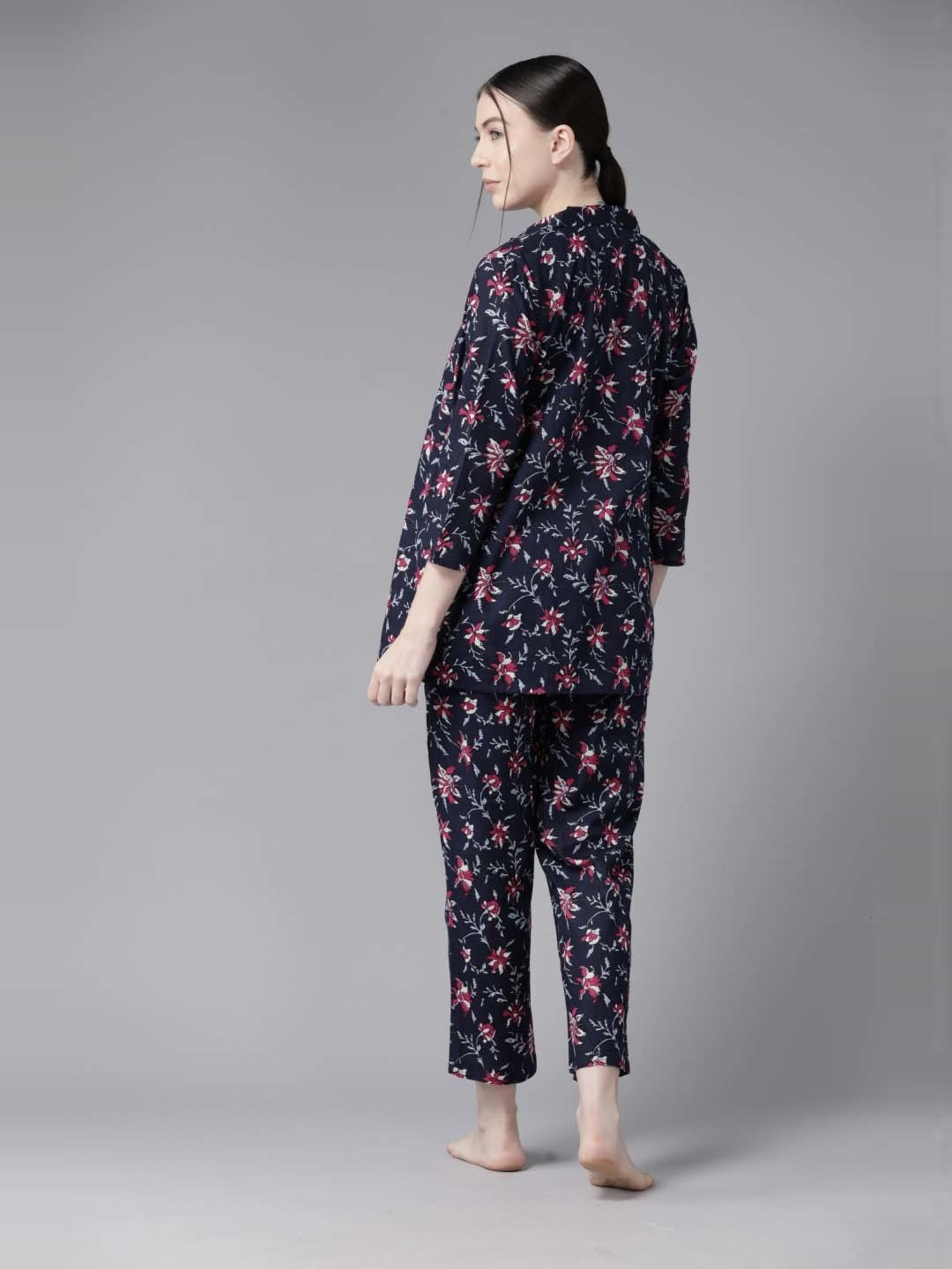 Prakrti Navy Cotton Floral Print Crop Top Pant Set With Jacket