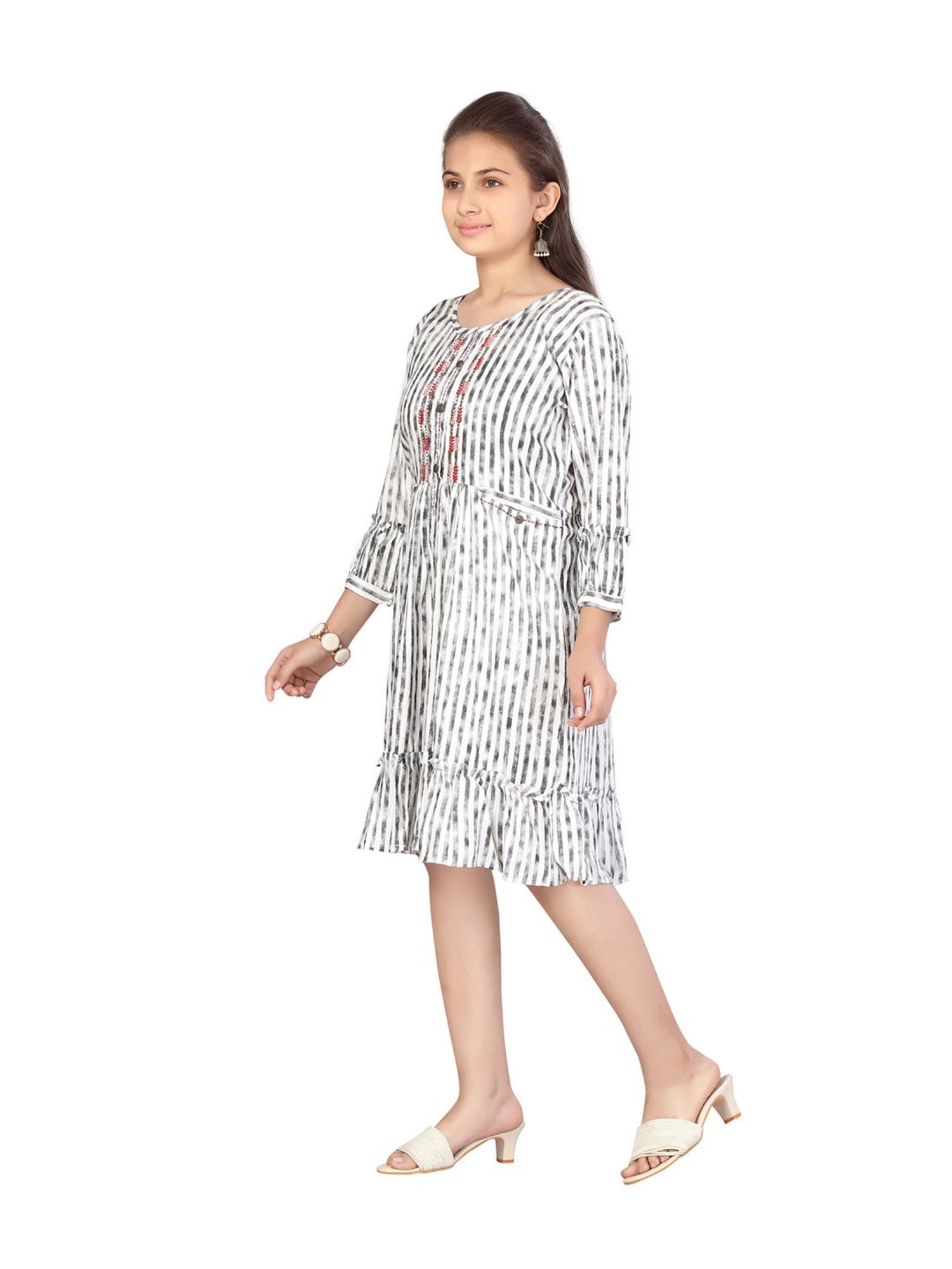 Aarika Kids White & Black Striped Dress