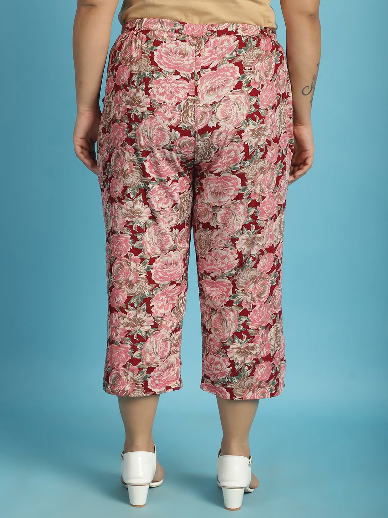theRebelinme Maroon Floral Print High Rise Capris