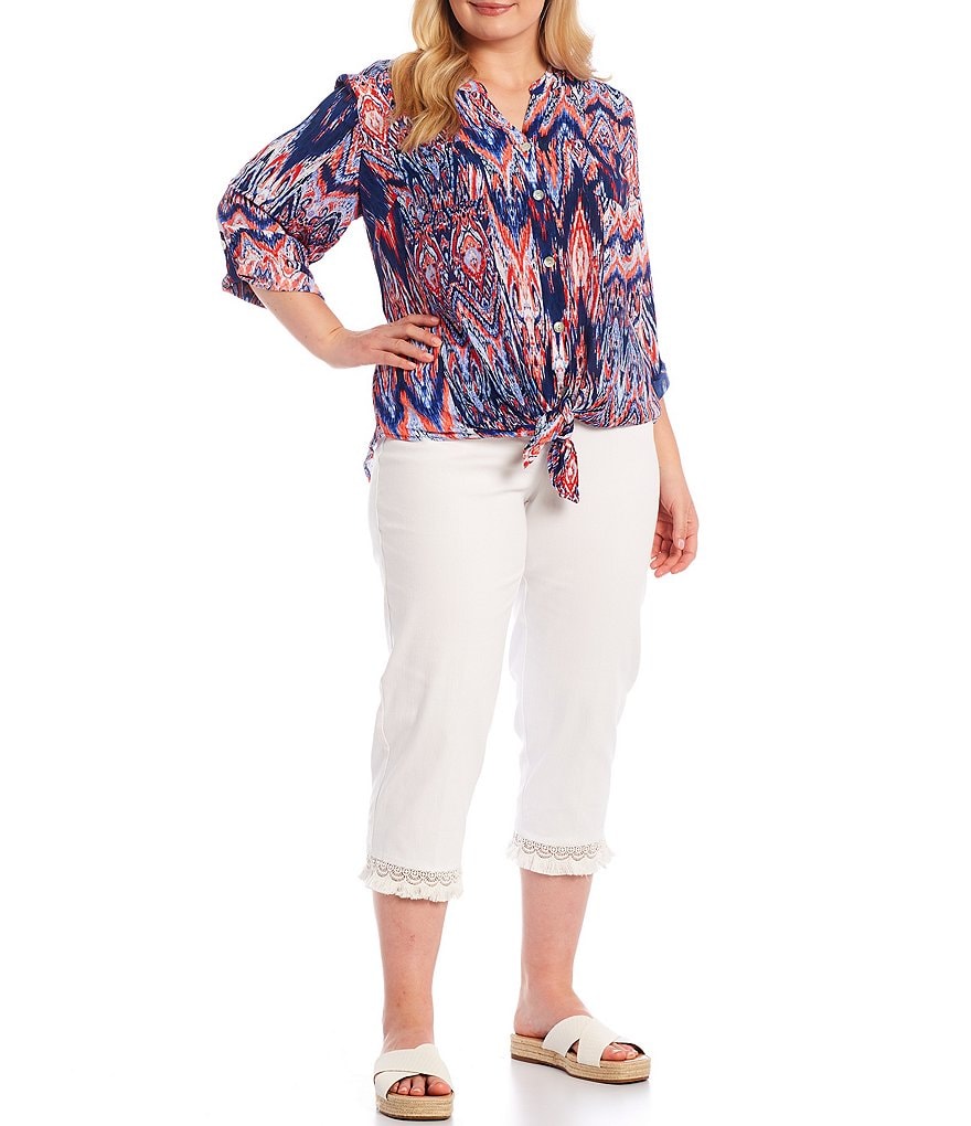 Ruby Rd. Plus Size Split Round Neck Marbleized Patchwork Print Roll-Tab Long Sleeve Button Down Tie-Front Top