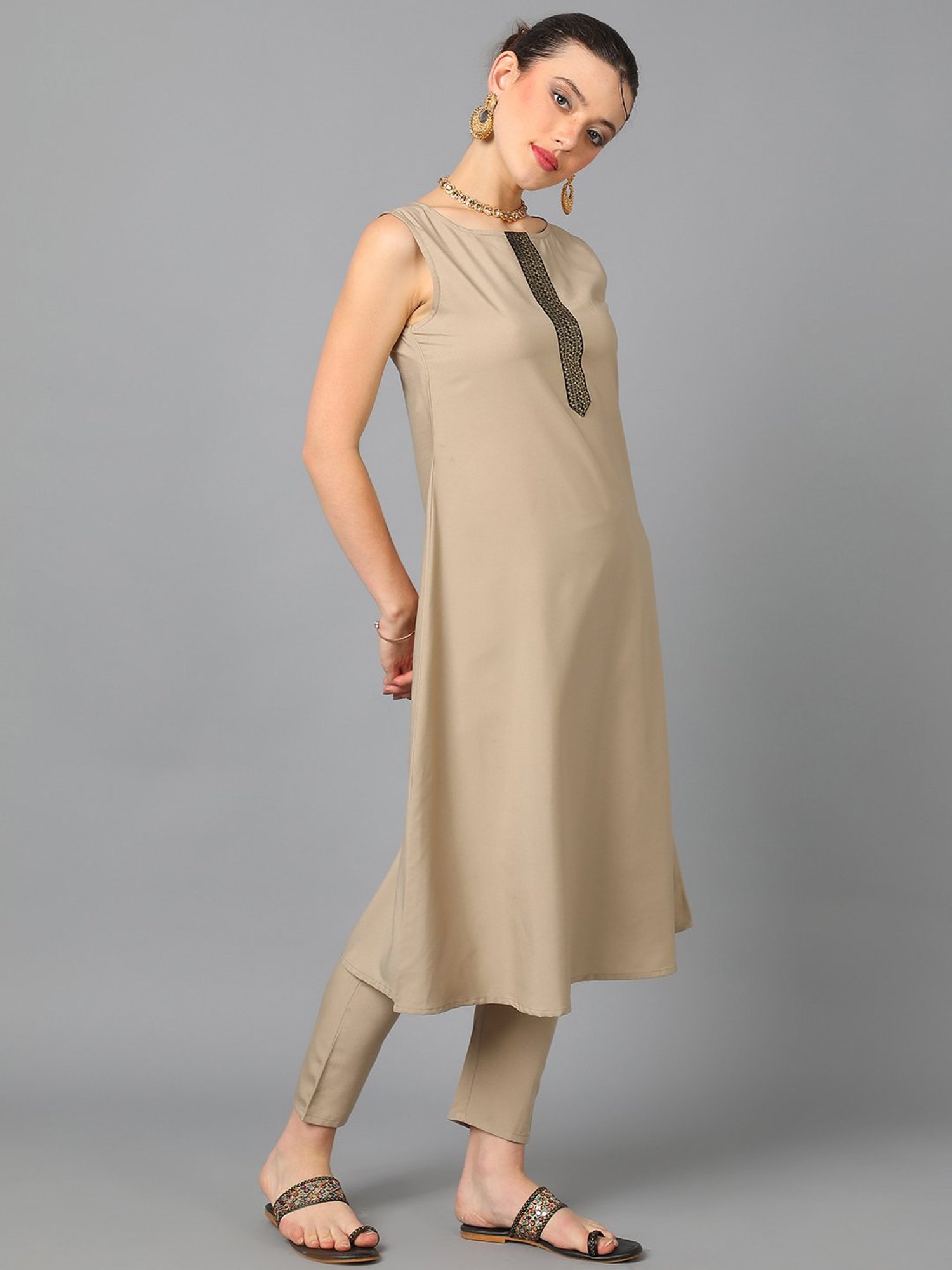 Ziyaa Beige Printed Kurta With Pant & Dupatta