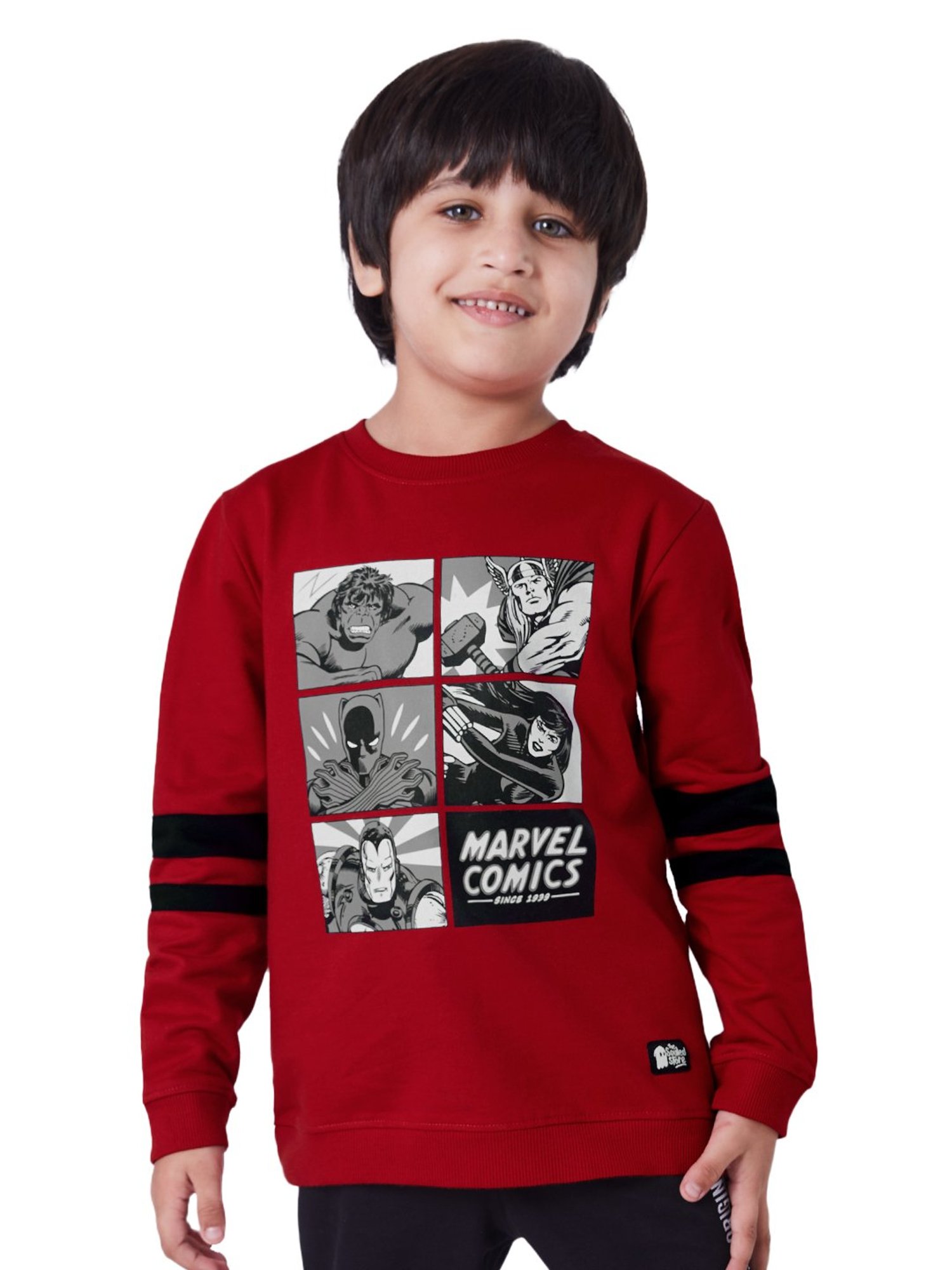 The Souled Store Kids Red & Black Cotton Printed Full Sleeves Marvel Sweatshirt