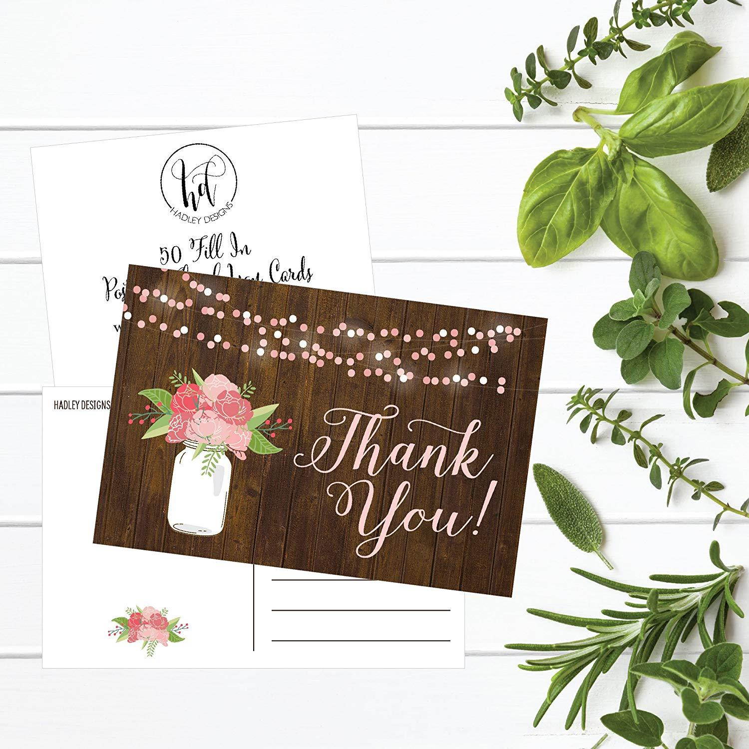 50 4x6 Rustic Floral Thank You Postcards Bulk, Modern Cute Flower Matte Blank Thank You Note Card Stationery For Wedding, Bridesmaid Bridal or Baby Shower, Teachers, Appreciation, Religious, Business