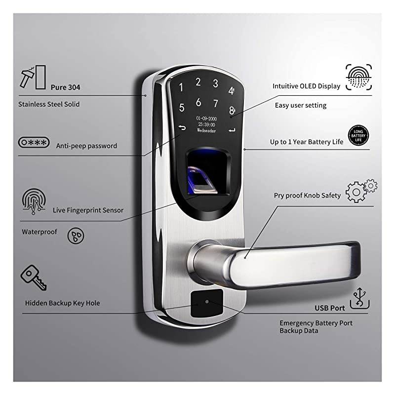 V8 Fingerprint Keyless Entry Smart Door Lock Stainless Steel Touchscreen with Electronic Keypads, Spare Key, Two-Factor Authentication, Biometric Digital Auto-Lock, Right Handle Only