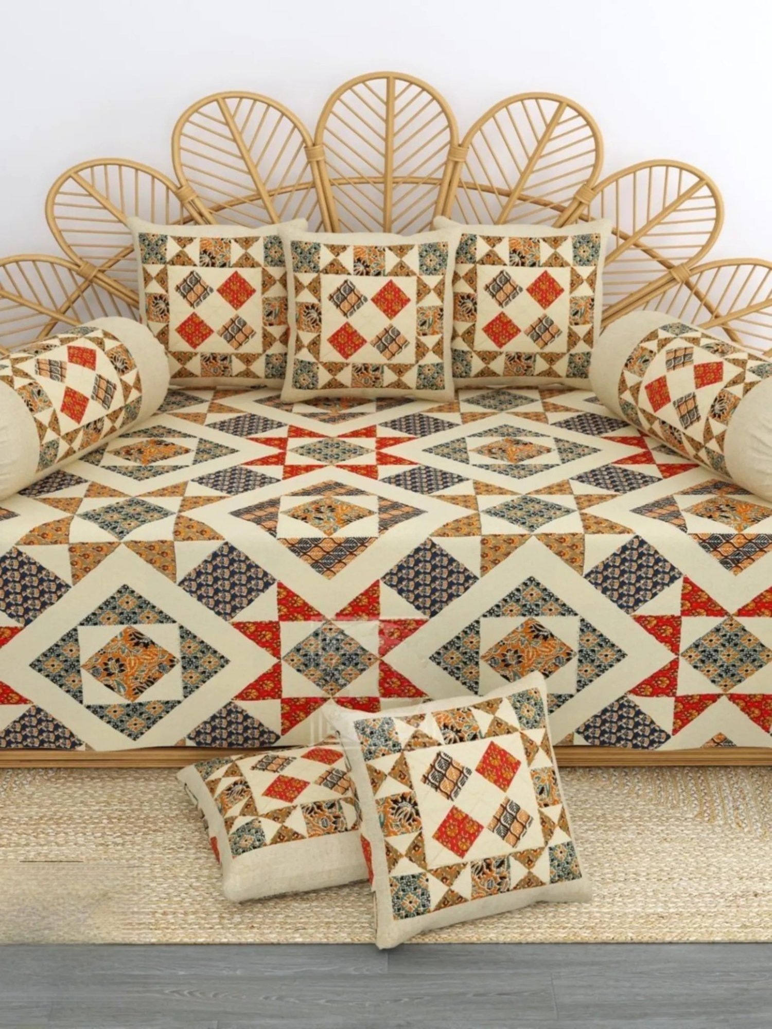 Living Roots Printed Grey 300 TC Cotton Single Diwan - Set of 8