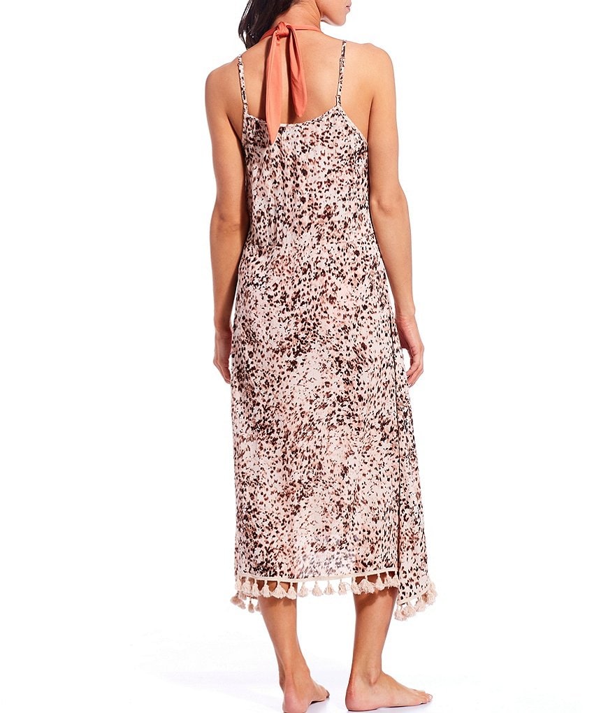 Tommy Bahama Midnight Orchid Tropical Print Scoop Neck Ruffle Hem Spa Dress