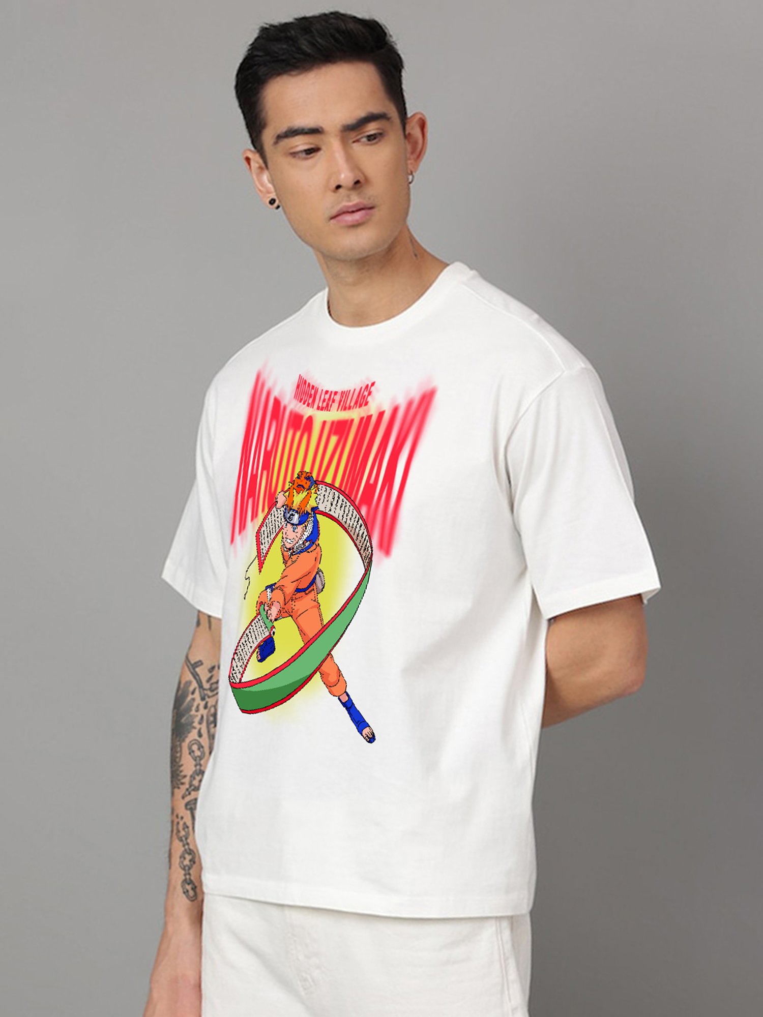 Free Authority White Loose Fit Naruto Printed Crew T-Shirt