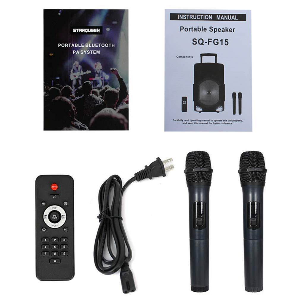 Starqueen 15Inch Trolley Bluetooth PA Speaker with 2 Wireless UHF Microphones, Battery Powered Rechargeable Karaoke DJ Speaker with Led Lights, Active Loud Digital Sound Box, FM/MP3/USB/TF Card/AUX