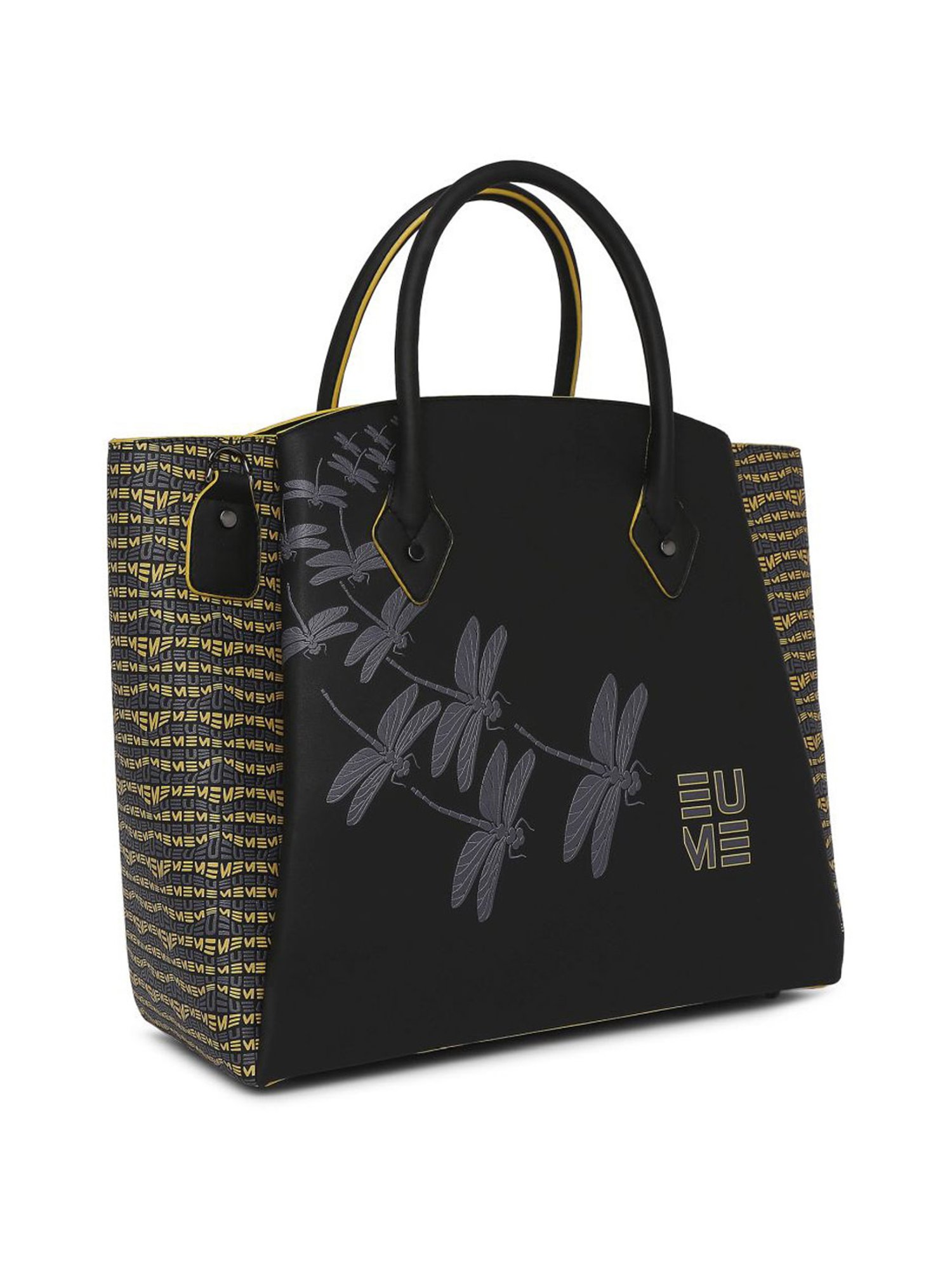 Eume Dragonfly Black Leather Printed Handbag