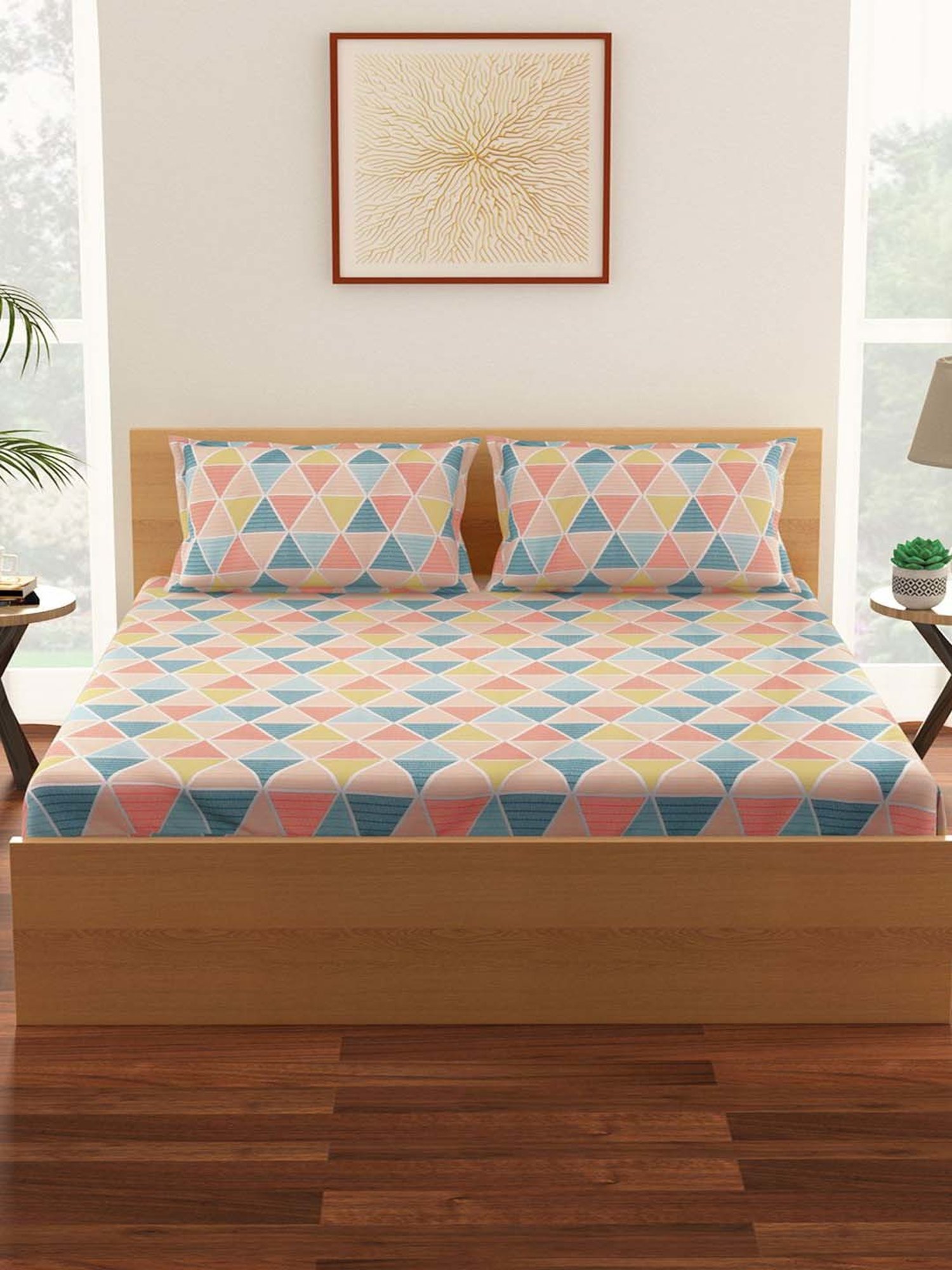 Living Scapes by Pantaloons Multicolor Cotton 144 TC Queen Bed Sheet with 2 Pillow Covers