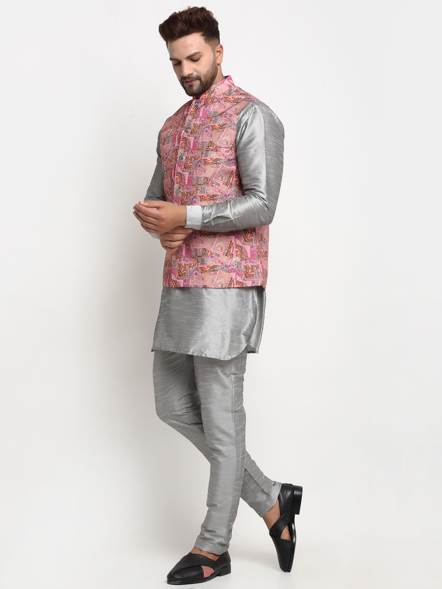 Benstoke Grey & Pink Regular Fit Printed Kurta Set With Jacket
